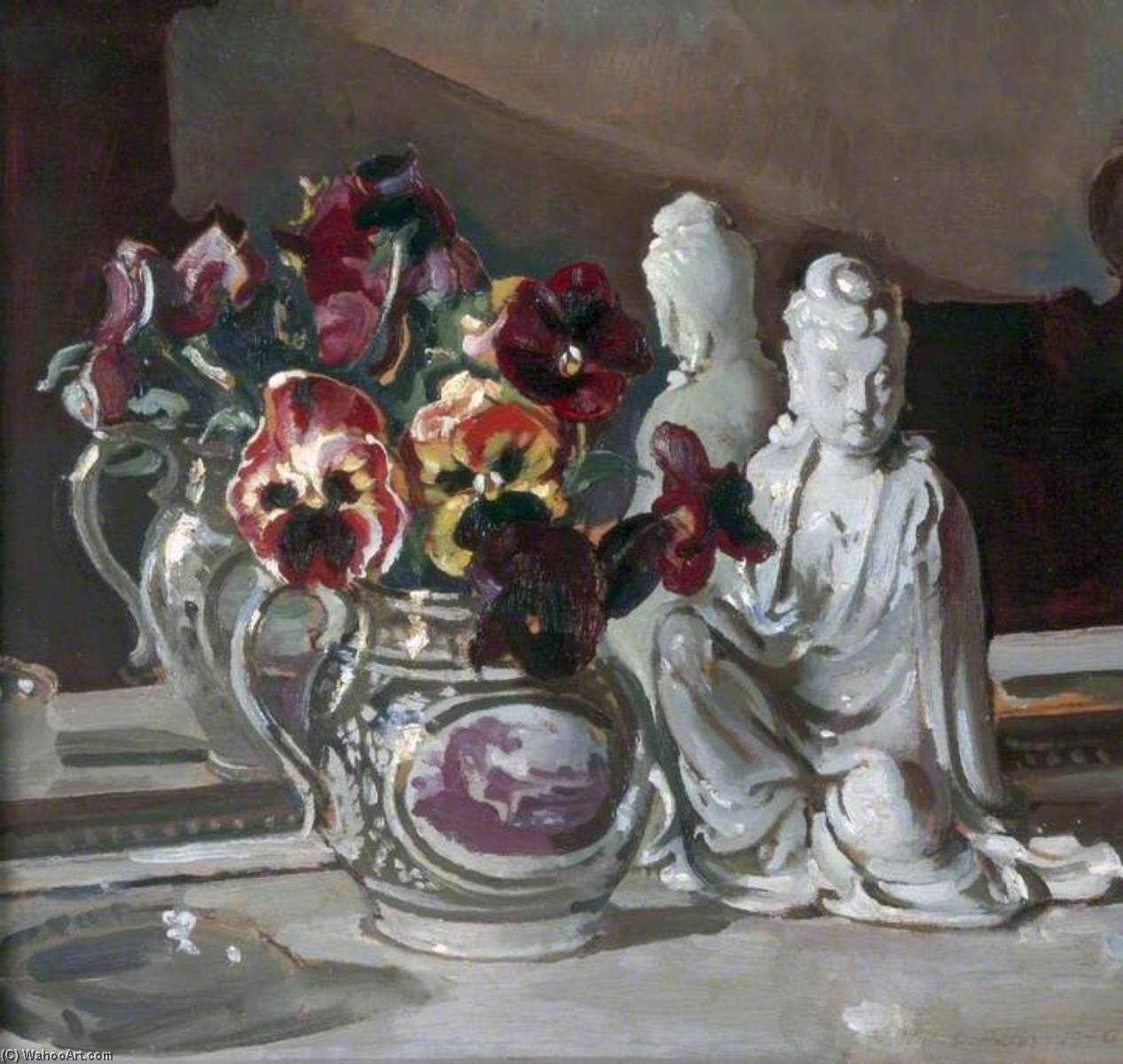 Pansies In A Lustre Jug With A Blanc De Chine Figure — William Charles Penn