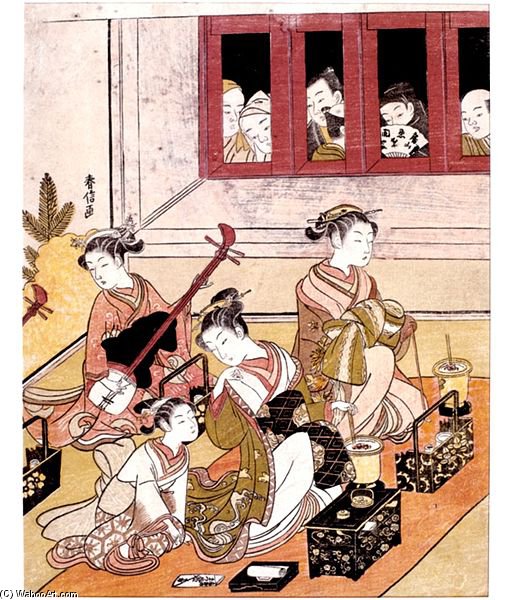 Coutesan Women And Show For The People Outside — Suzuki Harunobu