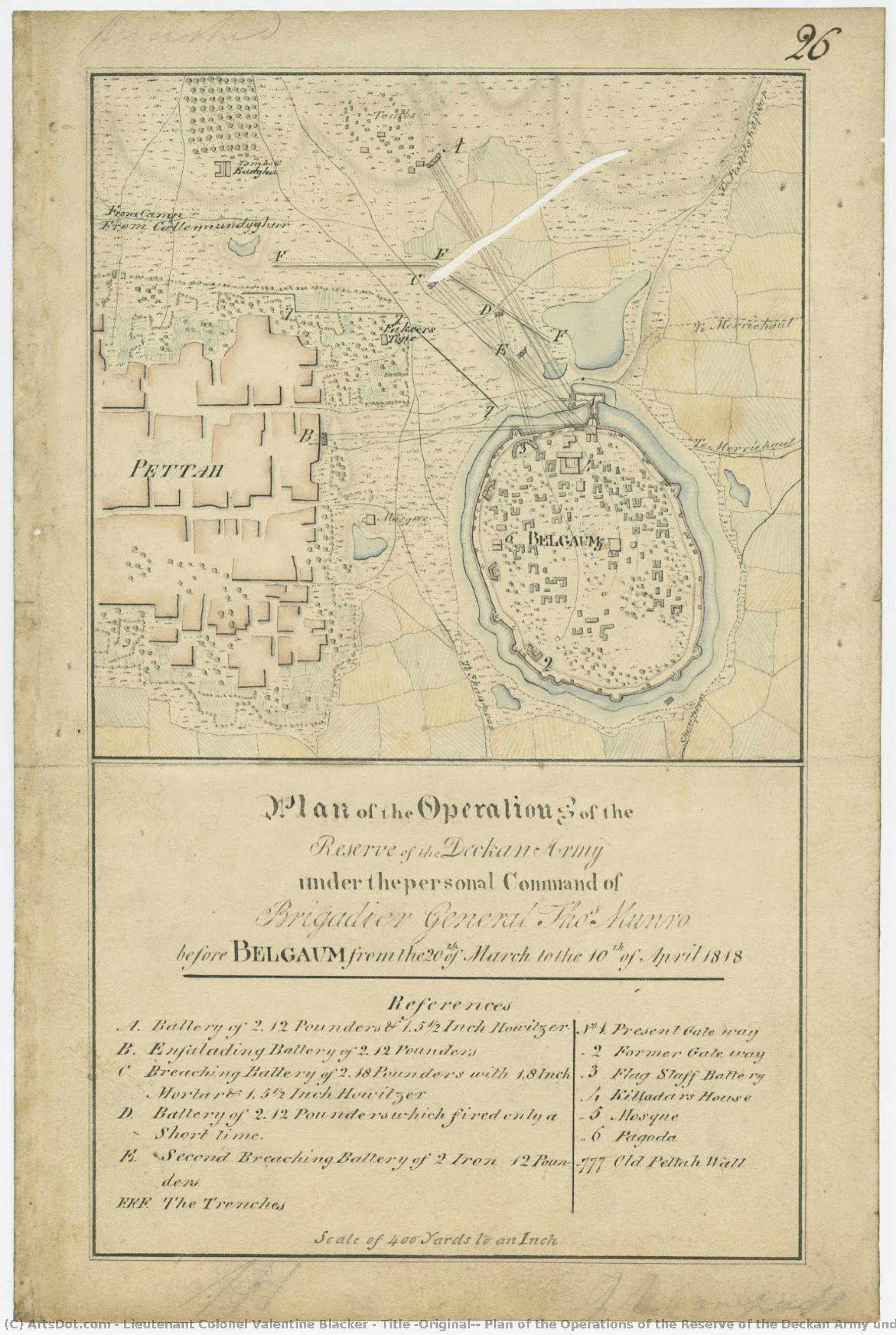 Title (original): Plan Of The Operations Of The Reserve Of The Deckan Army Under The Personal Command Of Brigadier General Thos. Munro Before Belgaum From The 20th Of March To The 10th Of April 1818. — Oberstleutnant Valentine Blacker