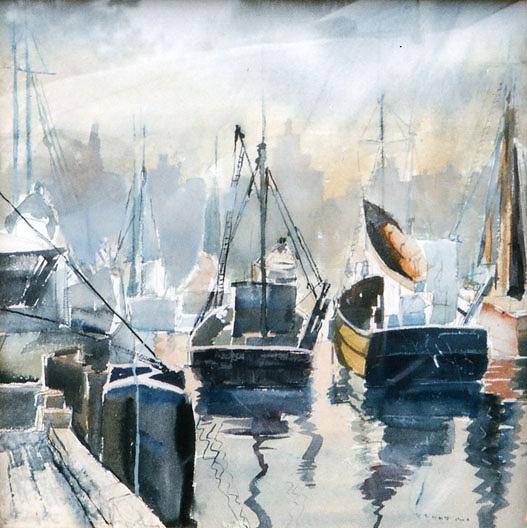 (boats In Harbor With Chicago Skyline), (painting) — Ruth Van Sickle Ford
