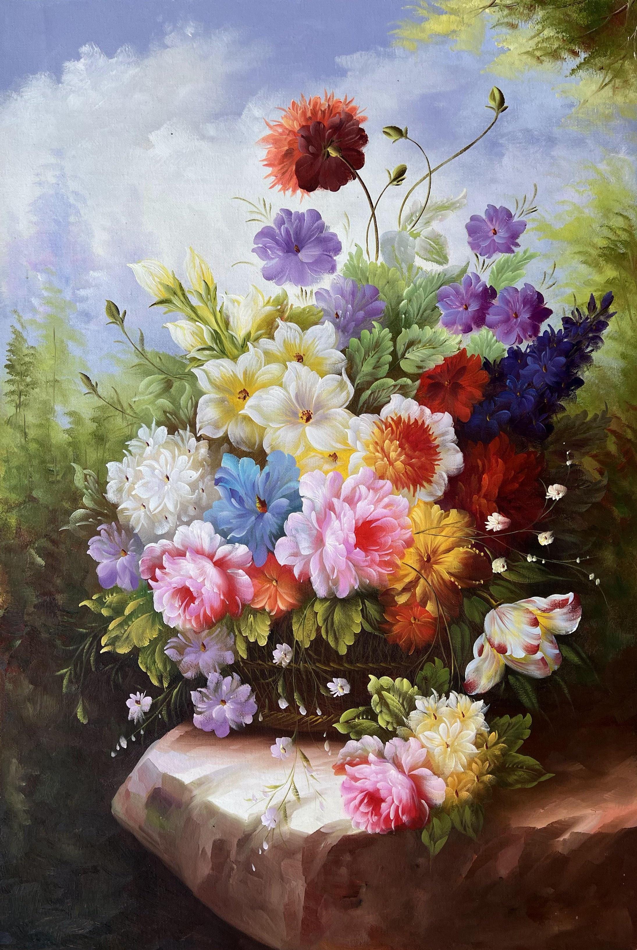 Romantic Floral Still Life On Stone Plinth
