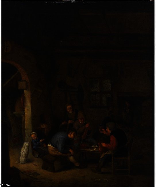 Bauern In Einer Schenke Beim Rauchen Und Trinken, Ein Kleines Mädchen Füttert Einen Hund Auf Der Linken Seite — Adriaen Van Ostade