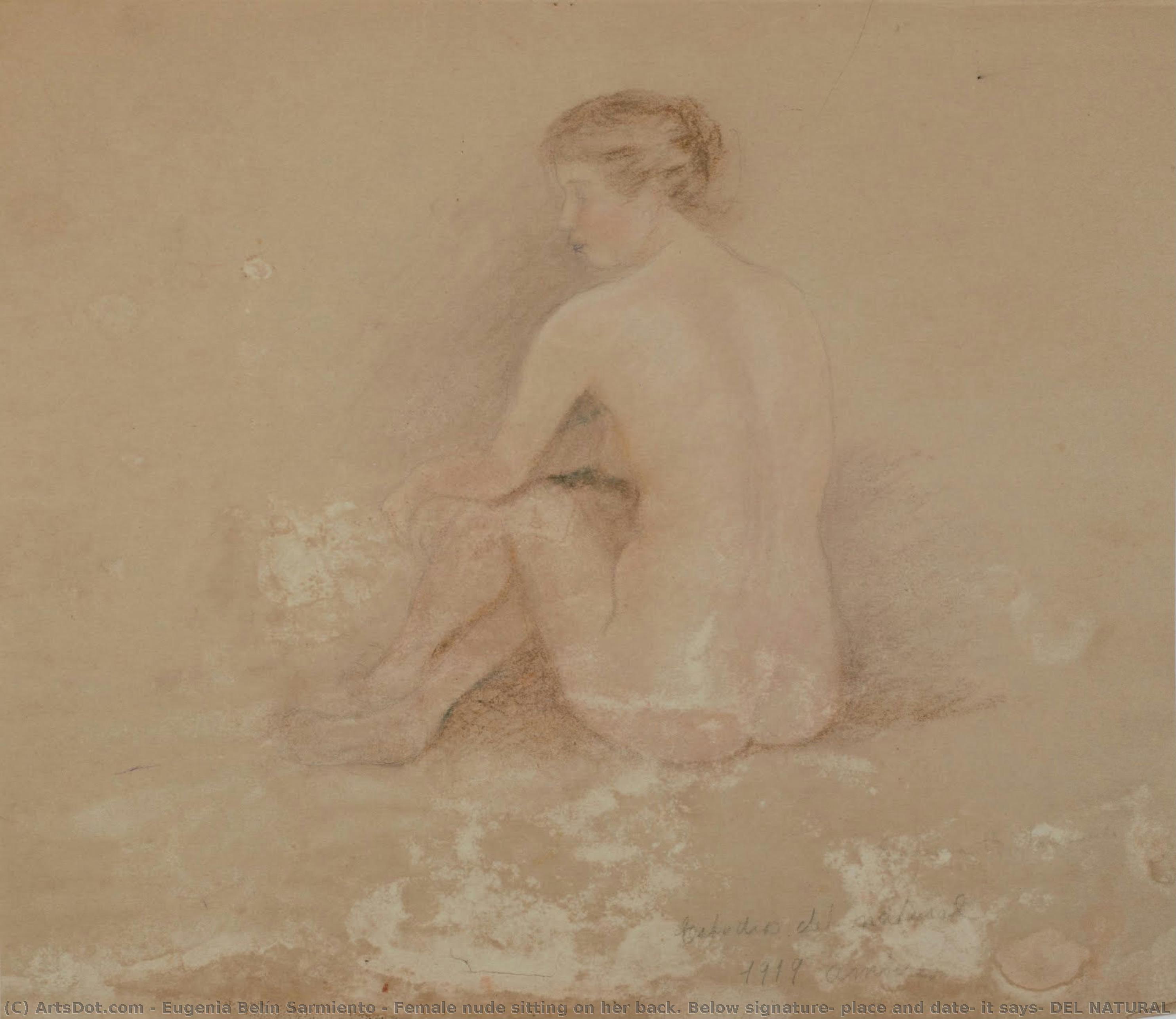 Female Nude Sitting On Her Back. Below Signature, Place And Date, It Says: Del Natural — Eugenia Belín Sarmiento