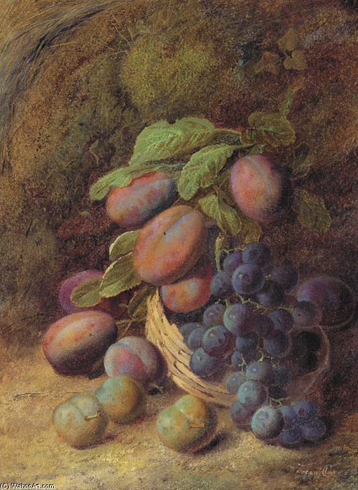 Plums And Grapes In A Wicker Basket On A Forest Floor — Vincent Clare