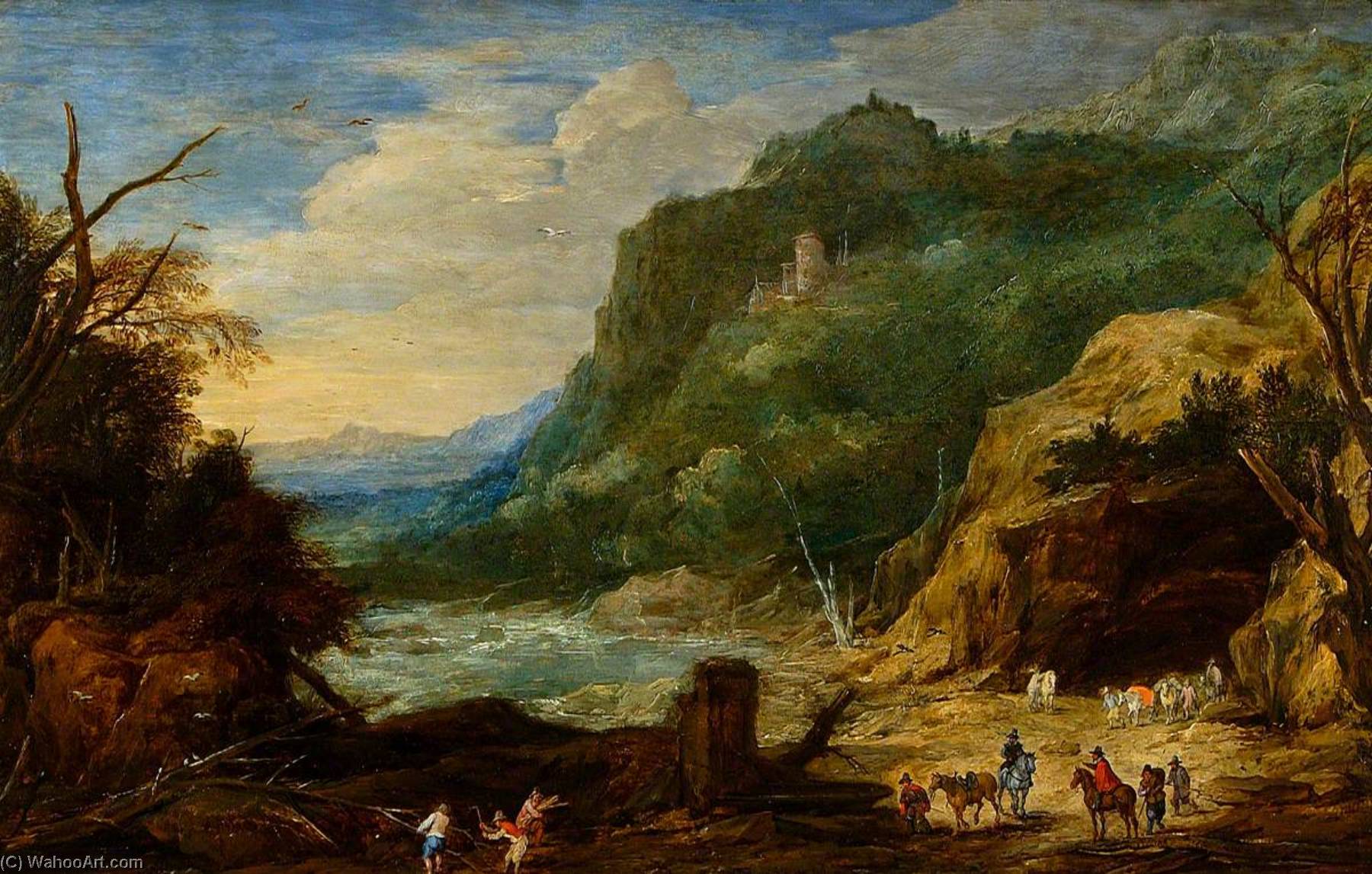 River With Castle, Horsemen And Woodcutters — Joos De Momper El Joven