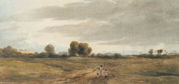A Landscape At Dusk With A Woman And Child Walking Home — David Cox
