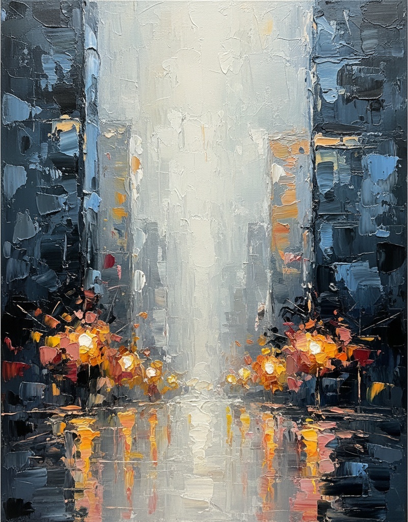 Luminous Echoes Of An Urban Canyon In Heavy Impasto Gold And Charcoal — Christian Noiret