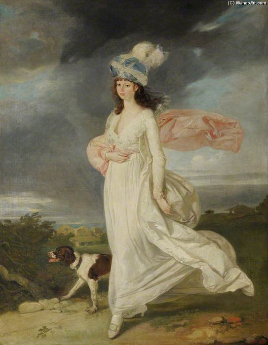 A Windswept Girl In A Turban Walking With A Dog — Arthur William Devis