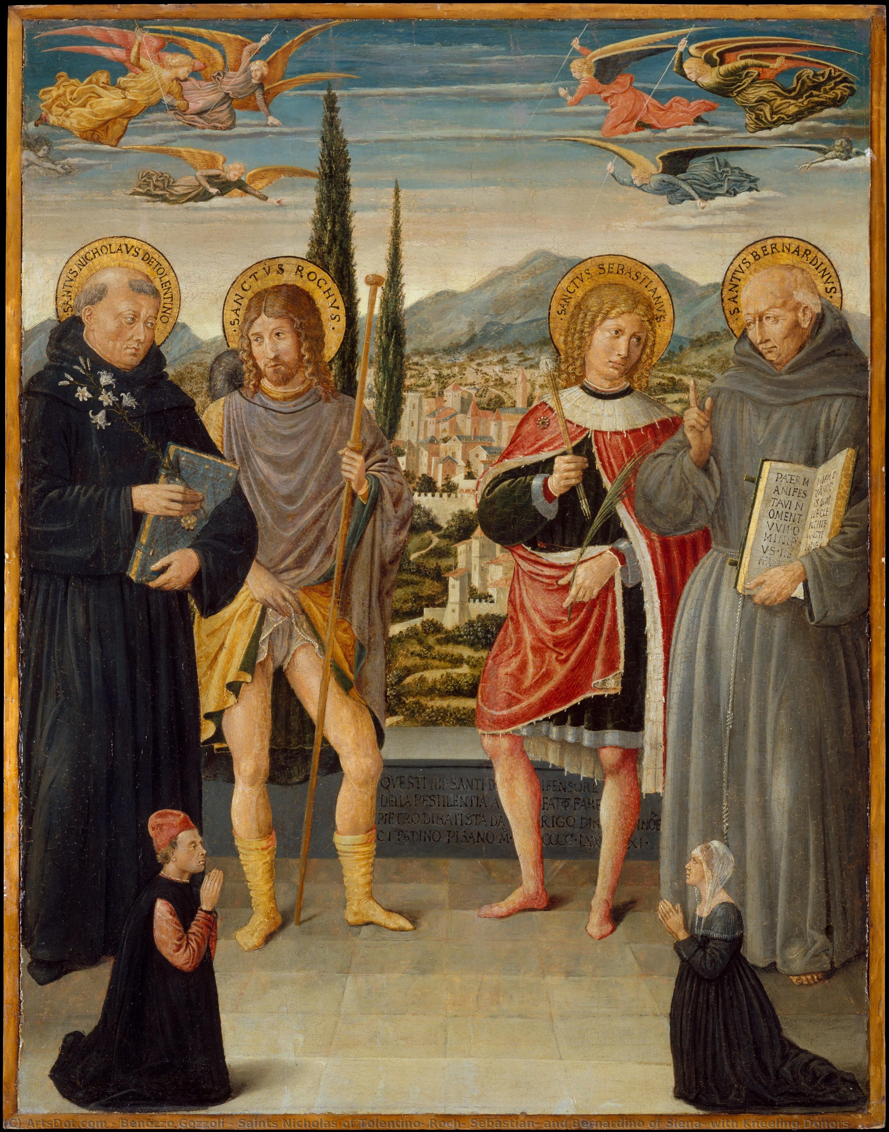 Saints Nicholas Of Tolentino, Roch, Sebastian, And Bernardino Of Siena, With Kneeling Donors — ベノッツォ・ゴッツォリ