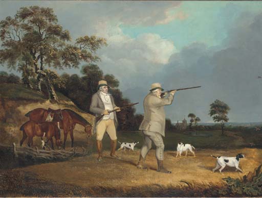 Gentleman Shooting Partridge, With Pointers In A Landscape — Abraham Cooper