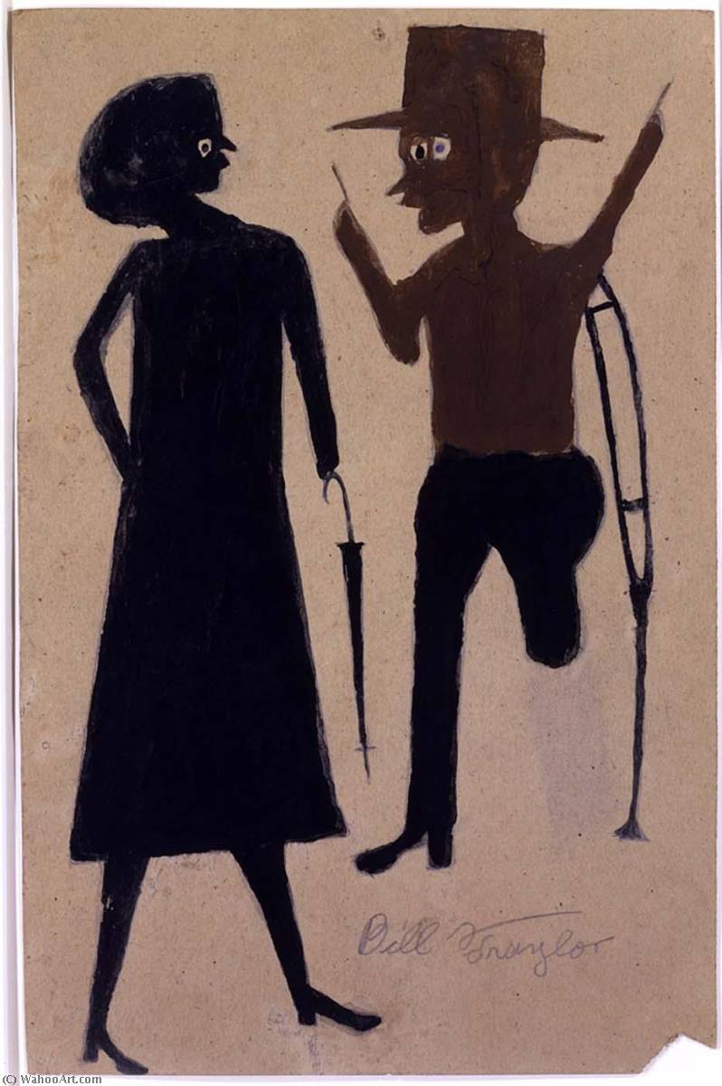 Untitled (woman With Umbrella And Man On Crutch) — Bill Traylor