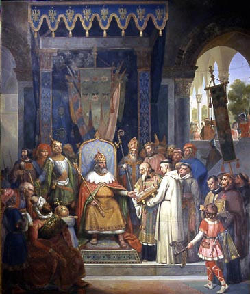 Charlemagne, Entouré De Ses Principaux Officiers, Reçoit Alcuin Qui Lui Présente Des Manuscrits, Ouvrages De Ses Moines — Victor Schnetz
