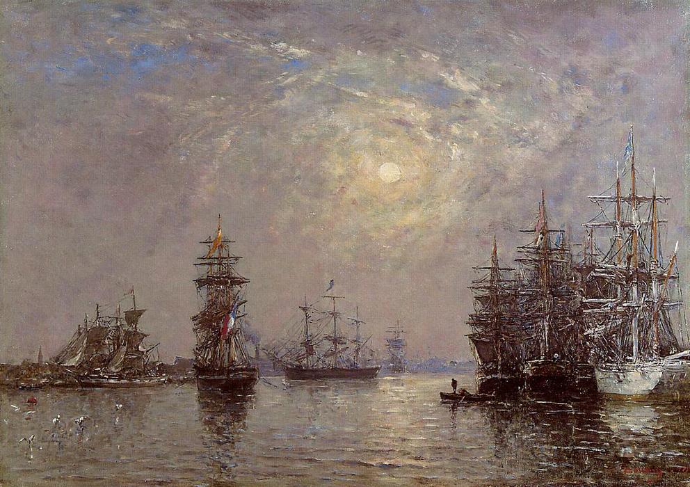 Le Havre: European Basin, Sailing Ships At Anchor, Sunset — Eugène Louis Boudin
