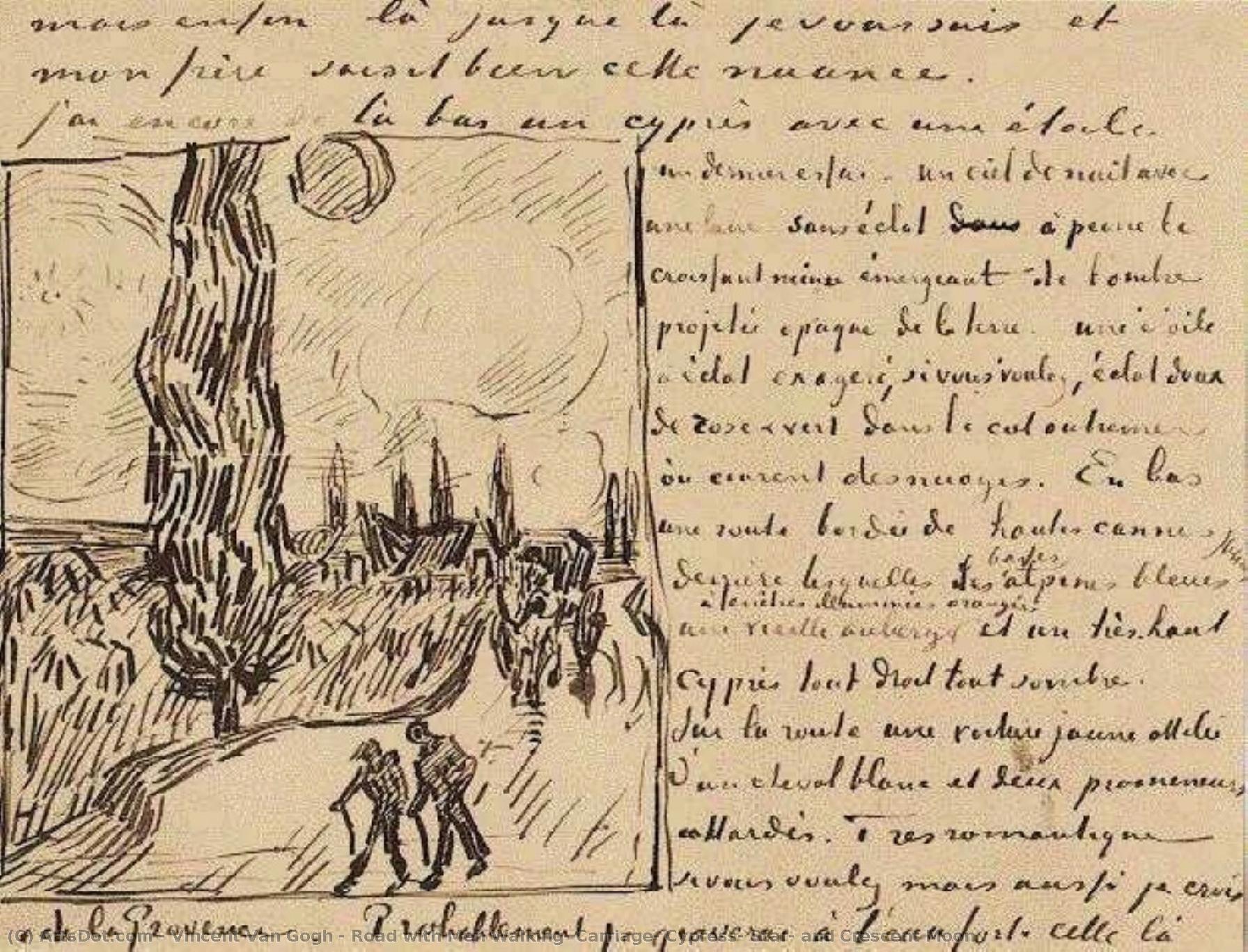 Road With Men Walking, Carriage, Cypress, Star, And Crescent Moon — Vincent Van Gog