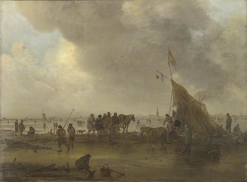 A Scene On The Ice By A Drinking Booth A Village In The Distance — Jan Josephszoon Van Goyen