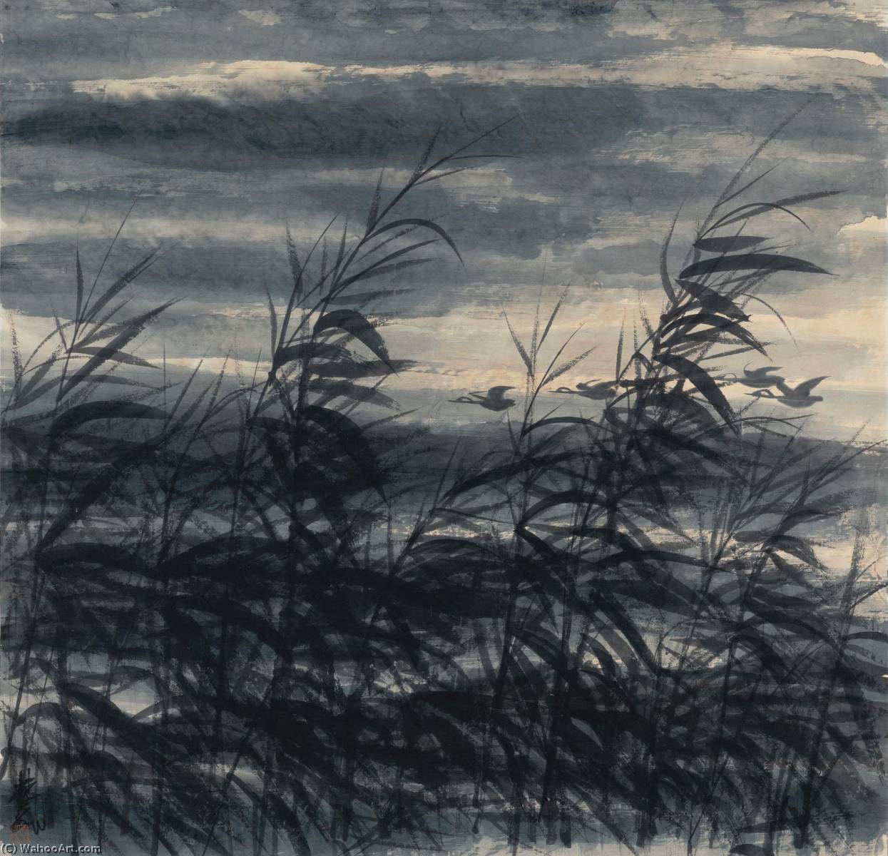 Wild Geese Over Reeds — Lin Fengmian Flying Geese Over The Lotus Pond
