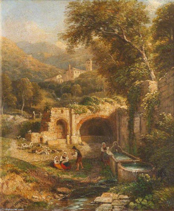 Washerwomen At A Tank, With A Distant View Of Tivoli — William Havell