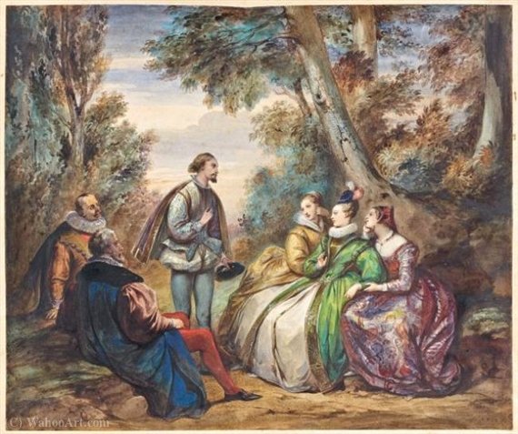 Scene Galante Renaissance Dans Un Sous-bois — Achille Jacques Jean Marie Devéria