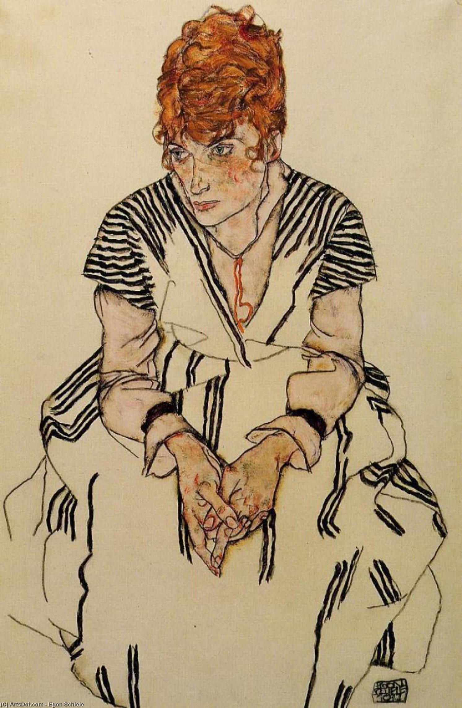 Die Schwester Des Künstlers In Einem Gestreiften Kleid — Egon Schiele