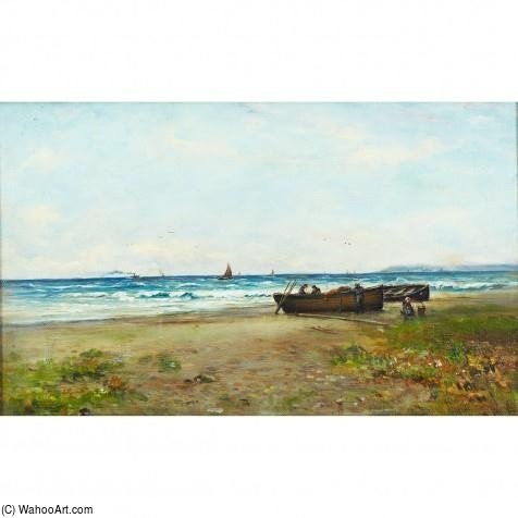 Beach Scene With Figures Tending Fishing Boats — Joseph Henderson