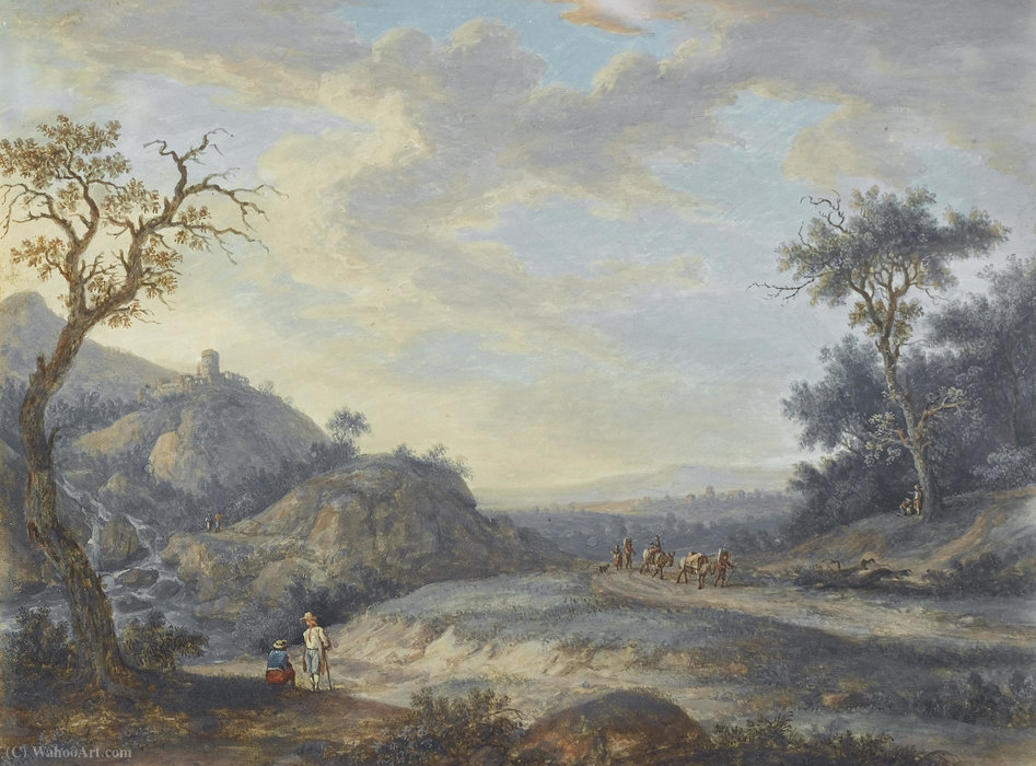 A Rocky River Landscape With Travellers On A Country Path And Figures Resting Beside A Waterfall — Christoph Ludwig Agricola