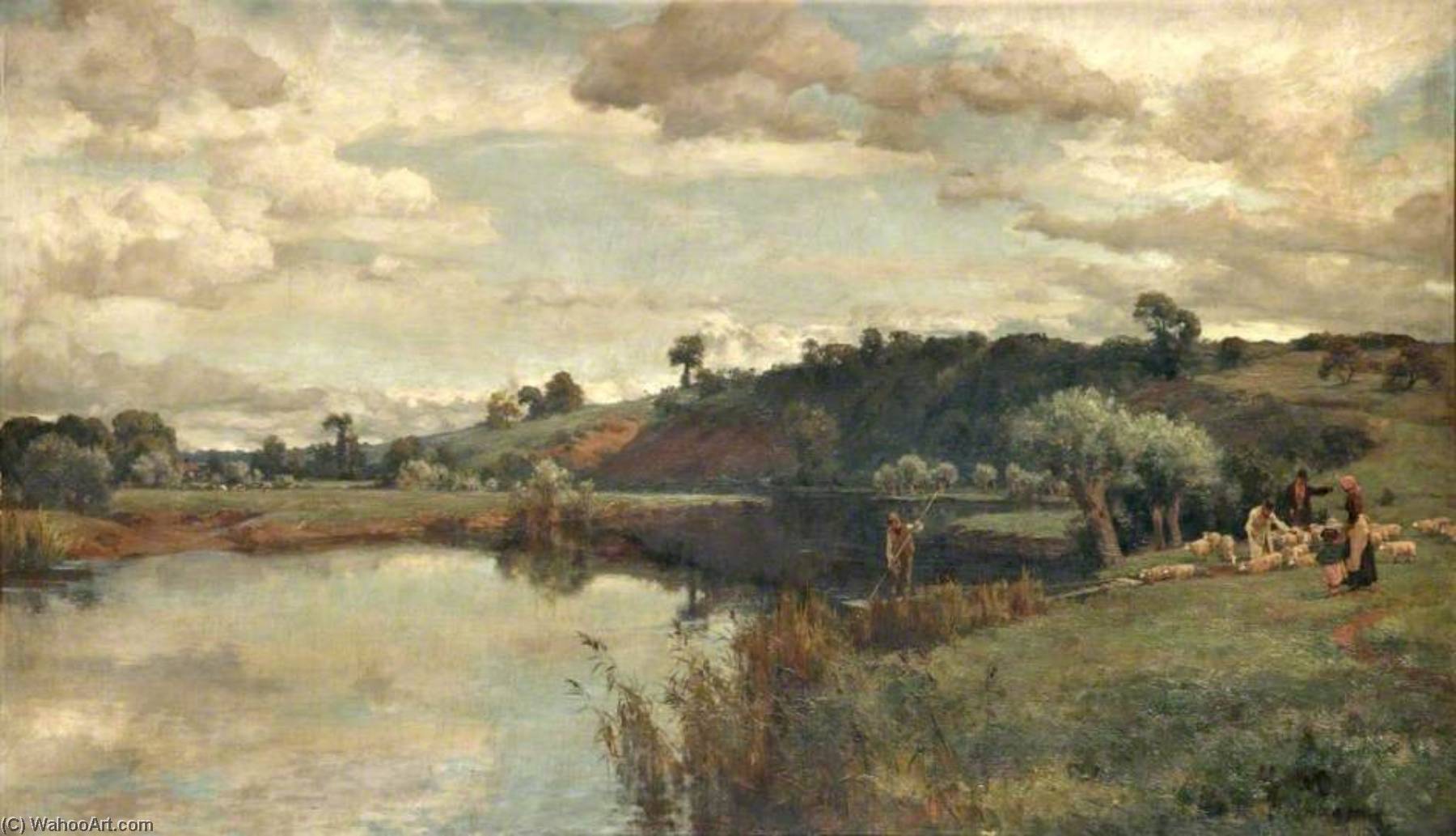 River Scene With A Shepherd And Sheep By A Ferry — Alfred William Parsons