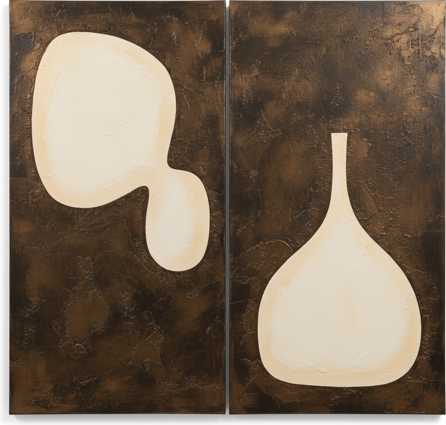 Ethereal Monoliths In Umber And Cream: A Meditative Biomorphic Diptych Study — Laurent Fabre