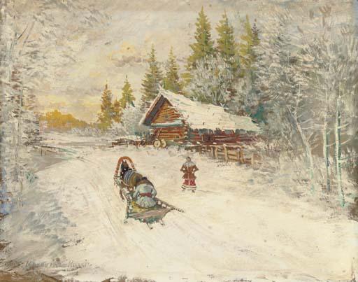 A Winter Scene With A Horse-drawn Sled — Konstantin Alexeievitch Korovin