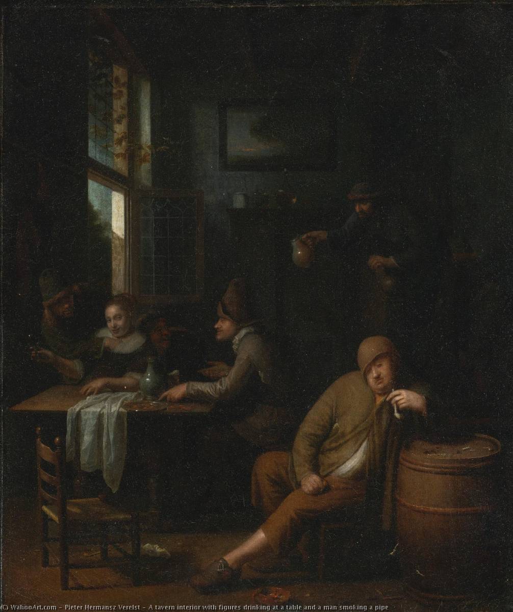 A Tavern Interior With Figures Drinking At A Table And A Man Smoking A Pipe — Pieter Harmansz Verelst