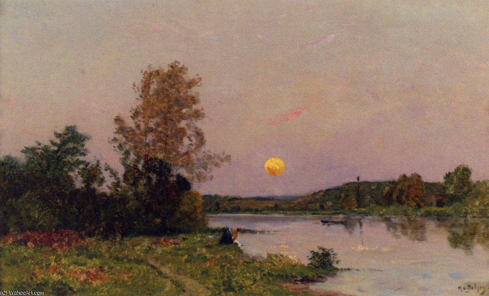 Lavandiere Et Barques Soleil Couchant — Hippolyte Camille Delpy