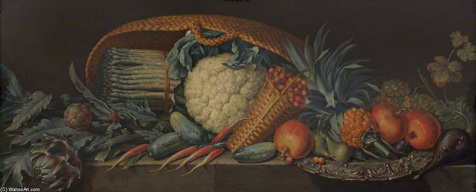 Still Life Of Vegetables, A Pineapple And Other Fruit With A Silver Platter On A Ledge — Pieter Andreas Rysbrack