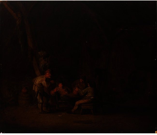A Barn Interior With Peasants Smoking And Drinking — Adriaen Van Ostade