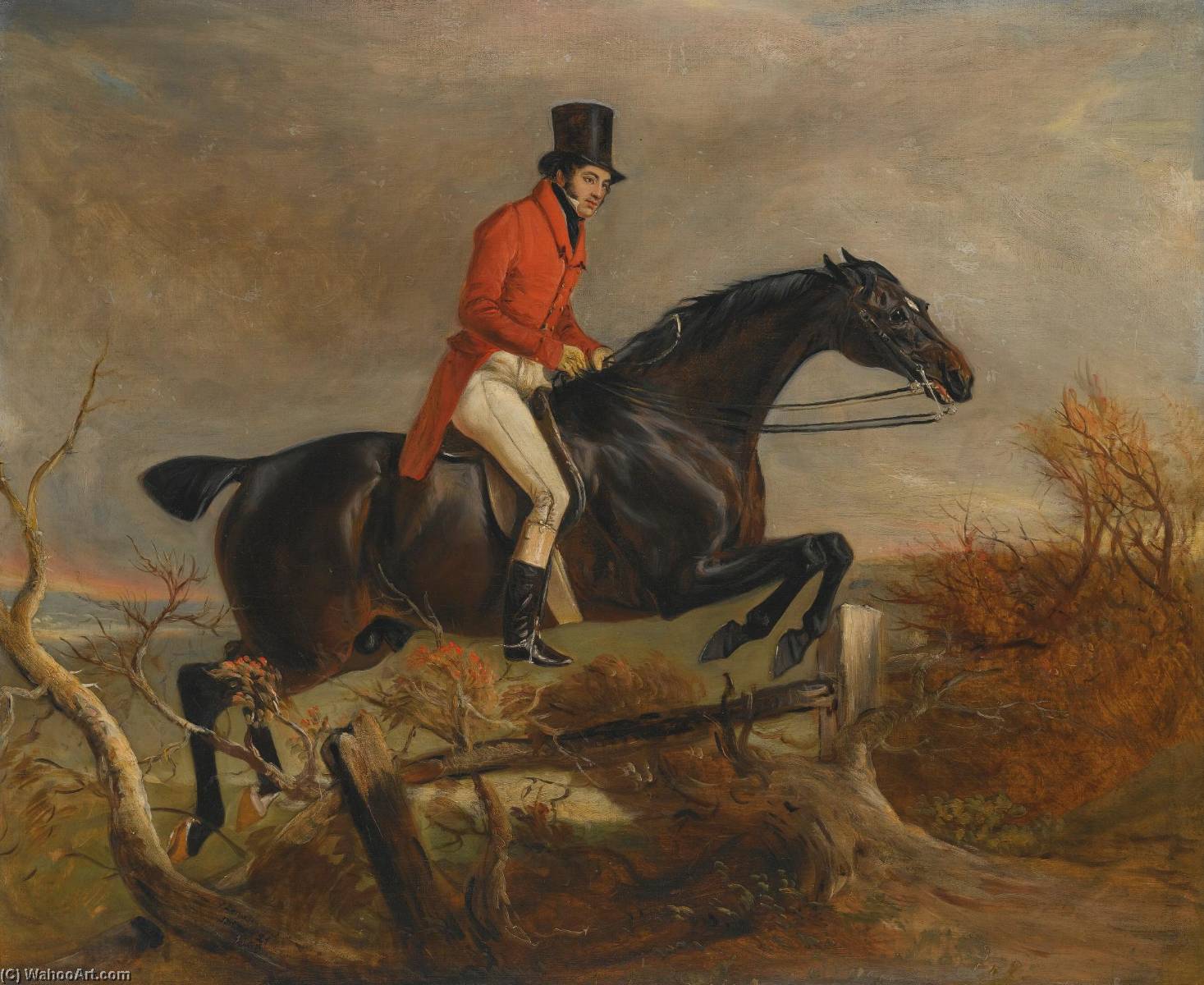 Portrait Of Sir Henry Goodricke, 7th Baronet, Clearing A Fence On His Grey Hunter — John Ferneley, Snr