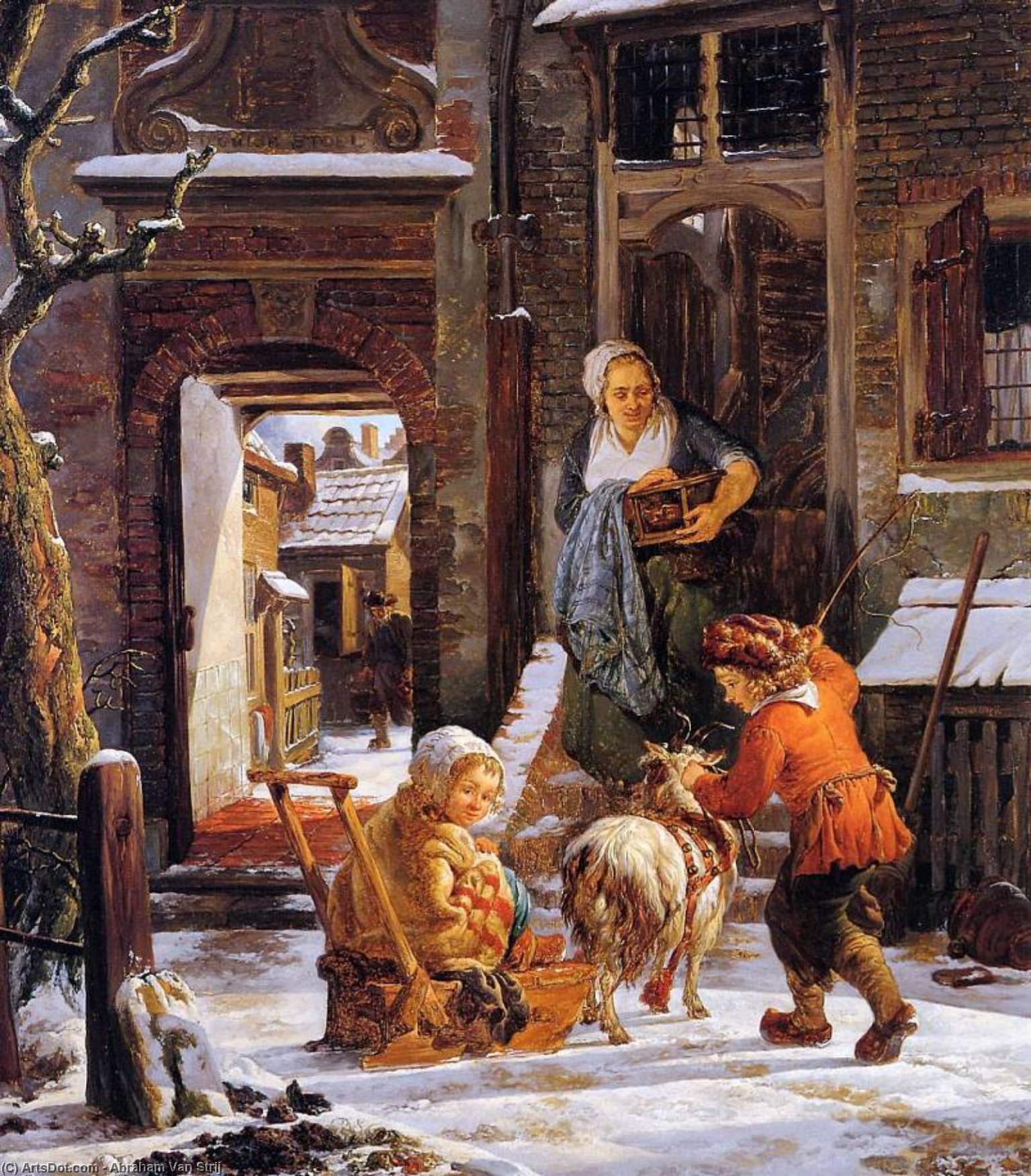 Winter City View With Children Sun — Abraham Van Strij