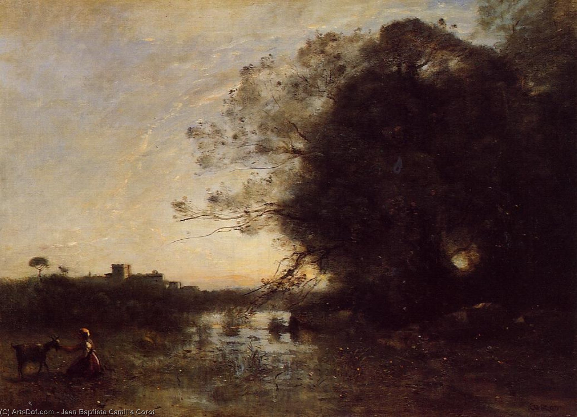 The Swamp By The Large Tree With A Goatherd — Jean-baptiste-camille Corot