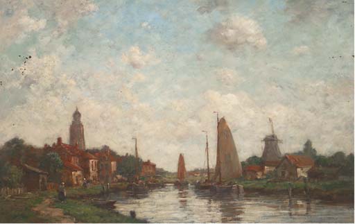 Barges On A River At A Dutch Settlement — Jacob Henricus Maris