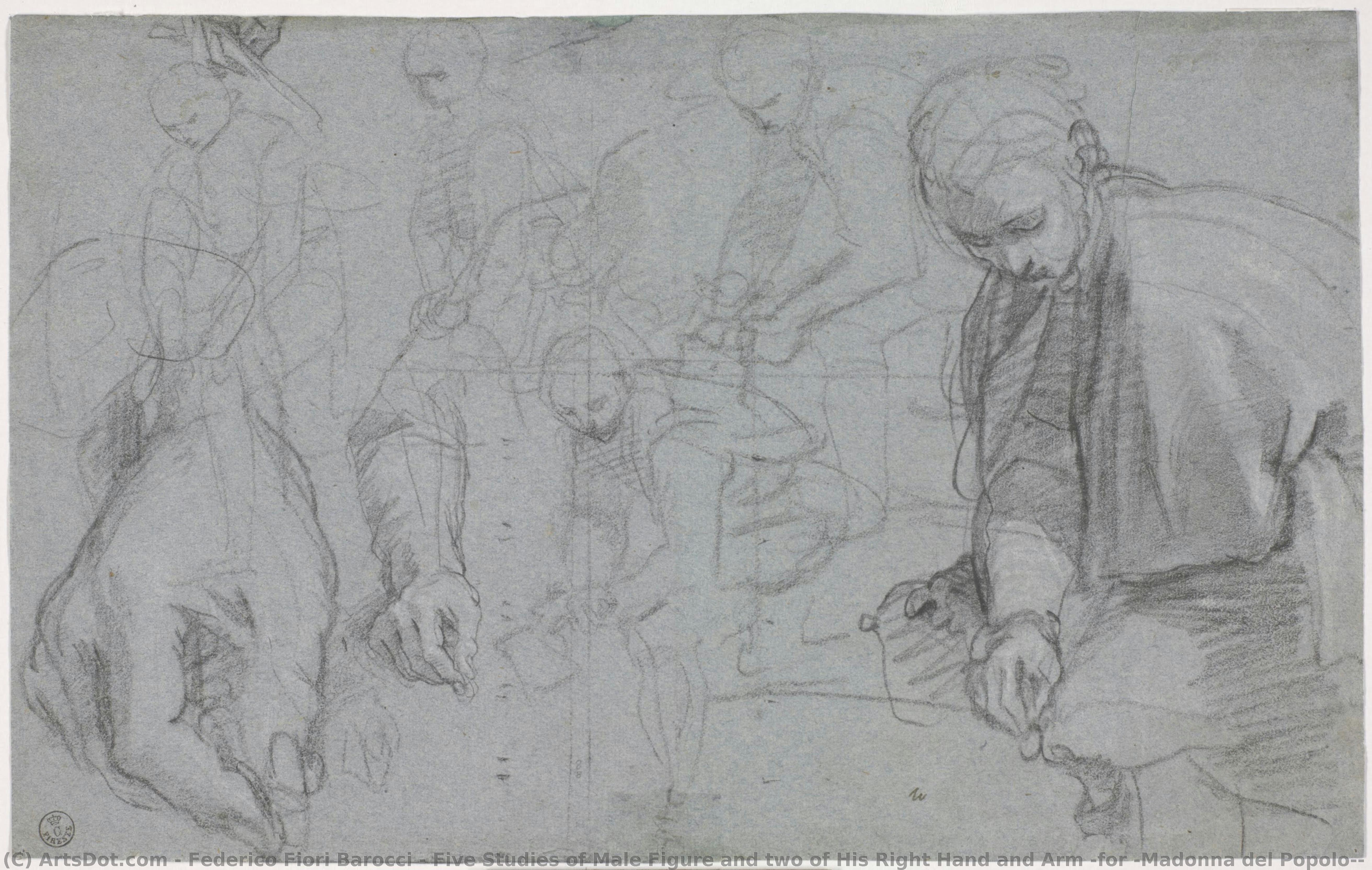 Fünf Studien Einer Männlichen Figur Und Zwei Seiner Rechten Hand Und Seines Arms (für „madonna Del Popolo“, Florenz, Galleria Degli Uffizi) — Federico Fiori Barocci