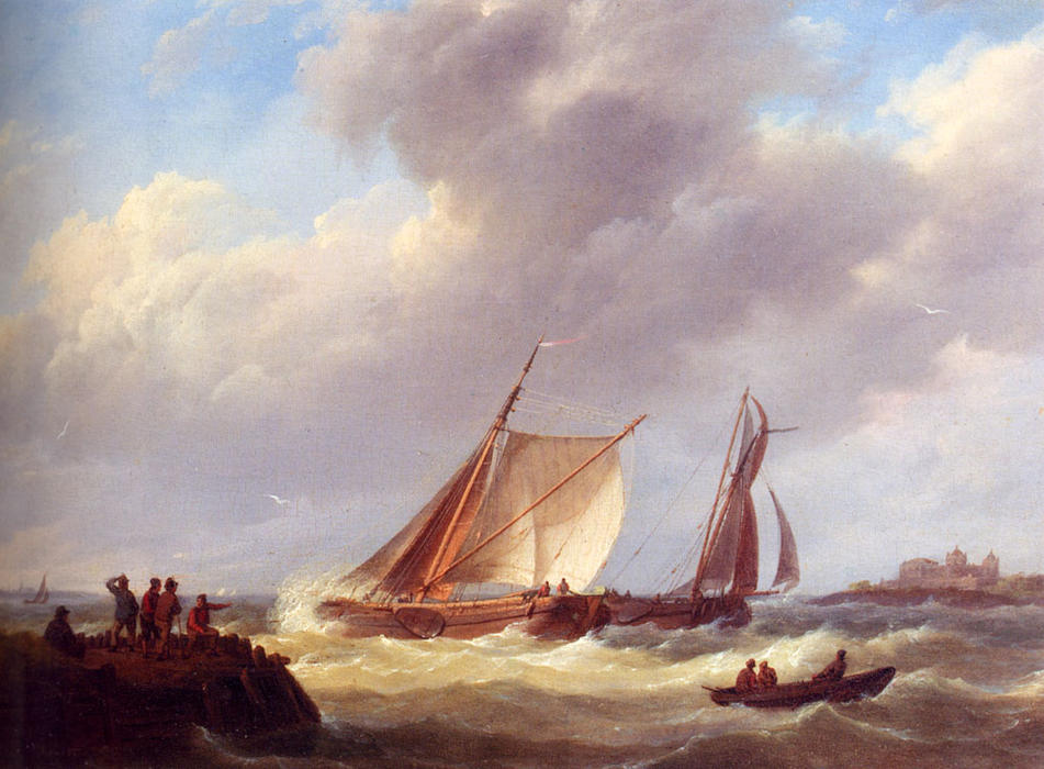 Fishermen On A Jetty Overlooking A River Estuary, A Castle Beyond — Johanes Hermanus Barend Koke