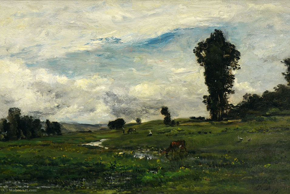 Figures And Cows In A Country Landscape — Karl Pierre Daubigny