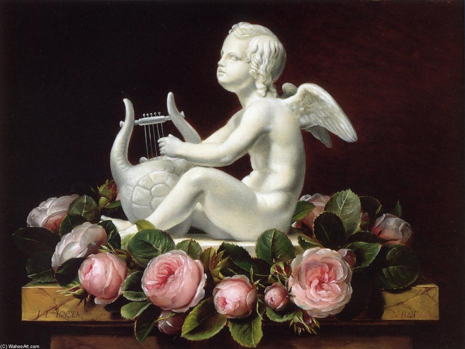 Garland Of Pink Roses Around 'cupid Playing A Lyre' On A Brown Marble Ledge — Johan Laurentz Jensen