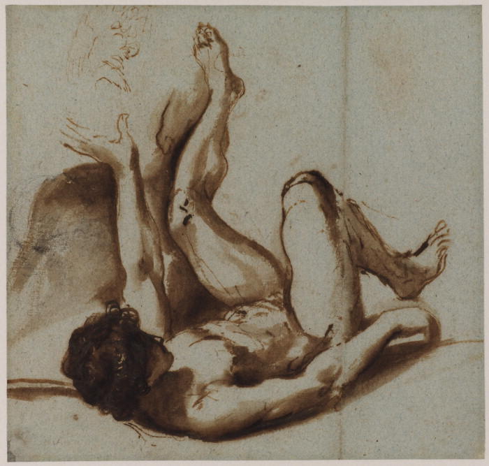 Nude Figure Of A Young Man Lying On His Back, With His Left Arm And Leg Raised — Guercino