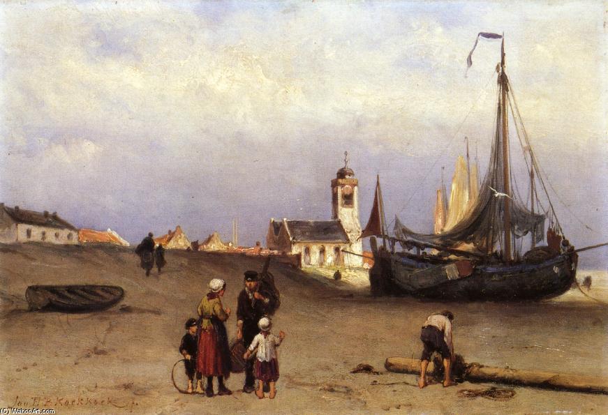 Fisher Folk And Beach Bomschuiten, Near Katwijk — Johannes Hermann Barend Koekkoek
