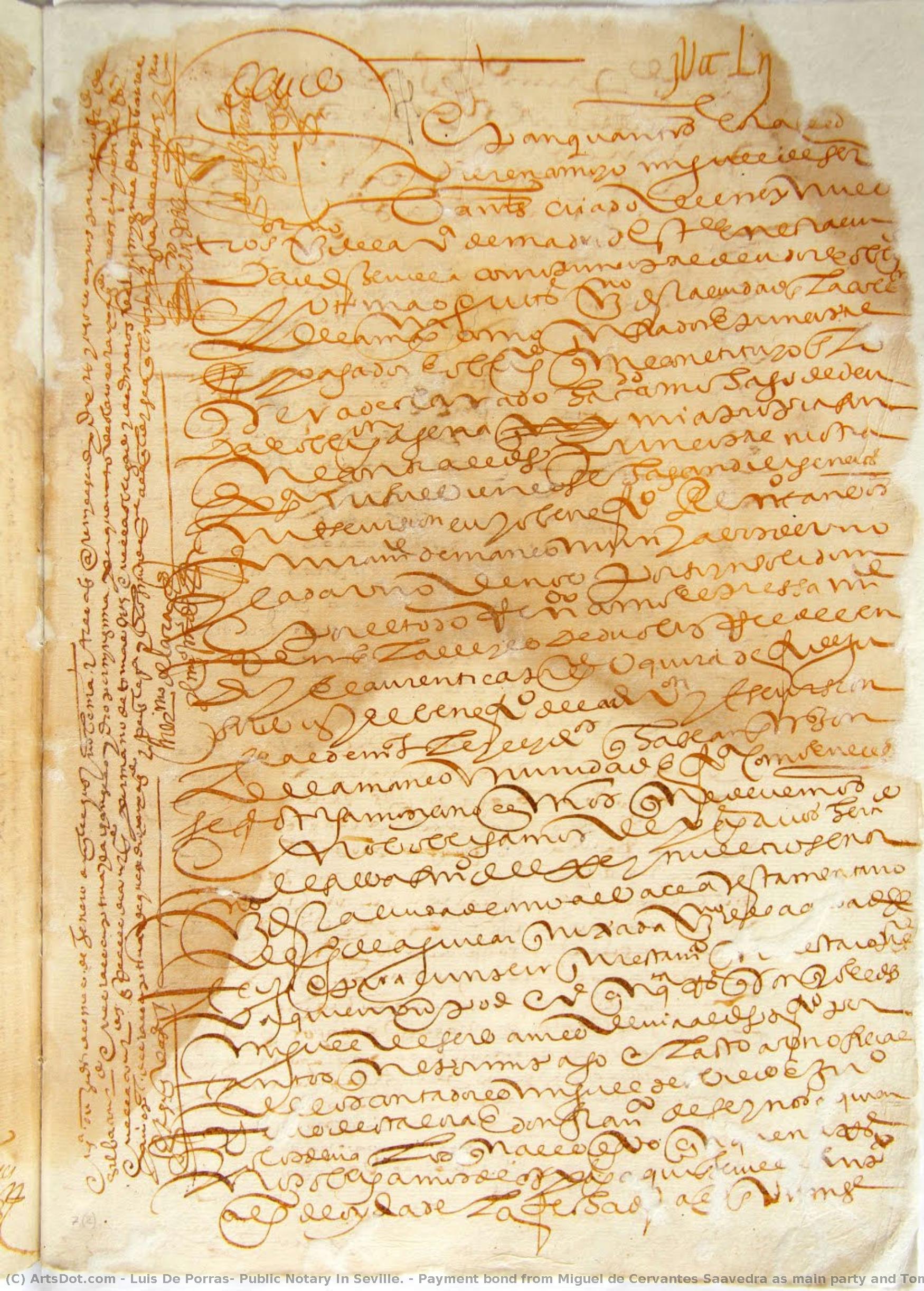 Payment Bond From Miguel De Cervantes Saavedra As Main Party And Tomás Gutiérrez As Guarantor To Hernando De Silva. — Luis De Porras, Public Notary In Seville.