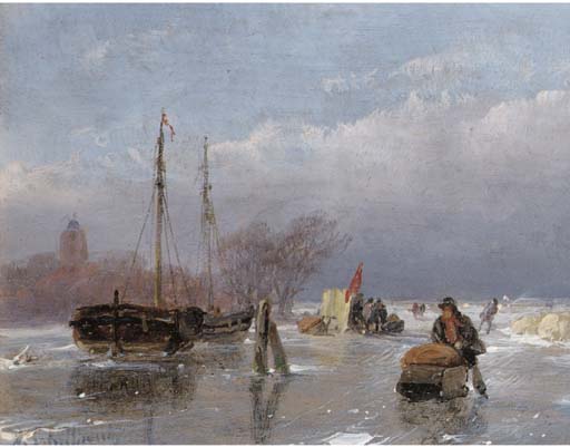 Skaters On The Ice With A Koek En Zopie In The Distance — Andreas Schelfhout