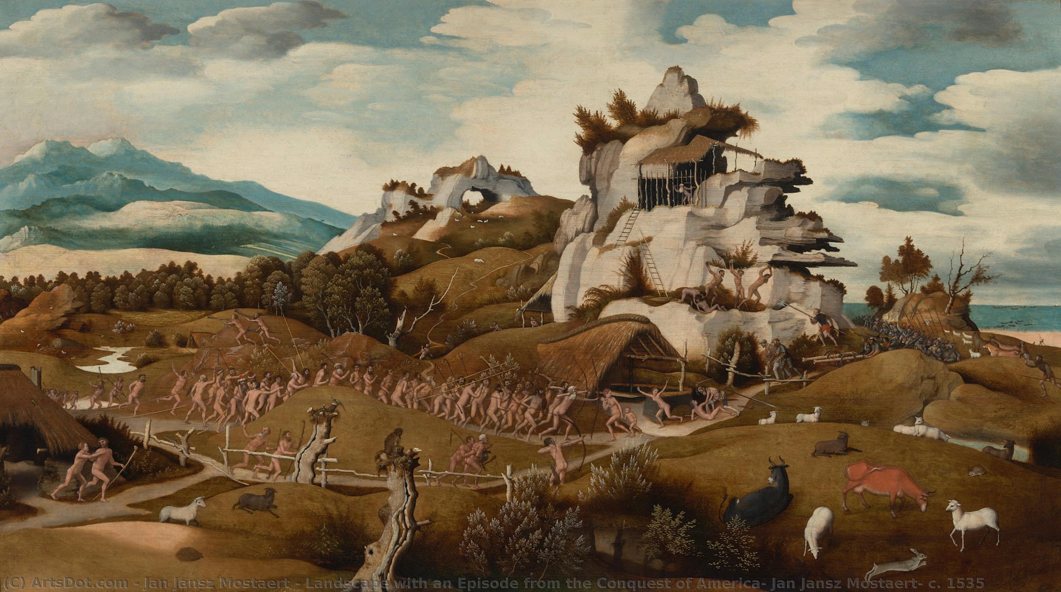 Landscape With An Episode From The Conquest Of America, Jan Jansz Mostaert, C. 1535 — Jan Jansz Mostaert