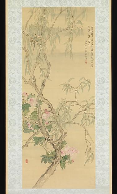Small Birds On A Willow Branch And Hibiscus Blossoms — Tsubaki Chinzan