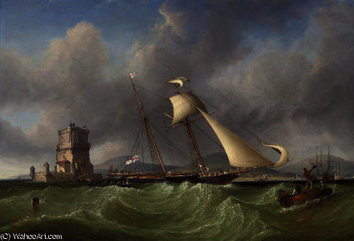 Lord Belfast's Yacht Emily Hove-to For Her Owner To Come Aboard, Off The Belem Tower, At The Mouth Of The Tagus, Lisbon — John Christian Schetky