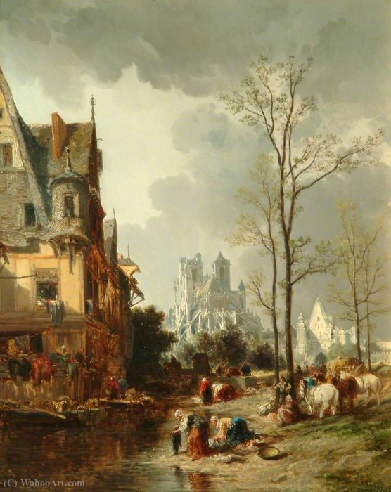 Abbeville, France, With Peasants And Horses In The Foreground — Jules Achille Noel