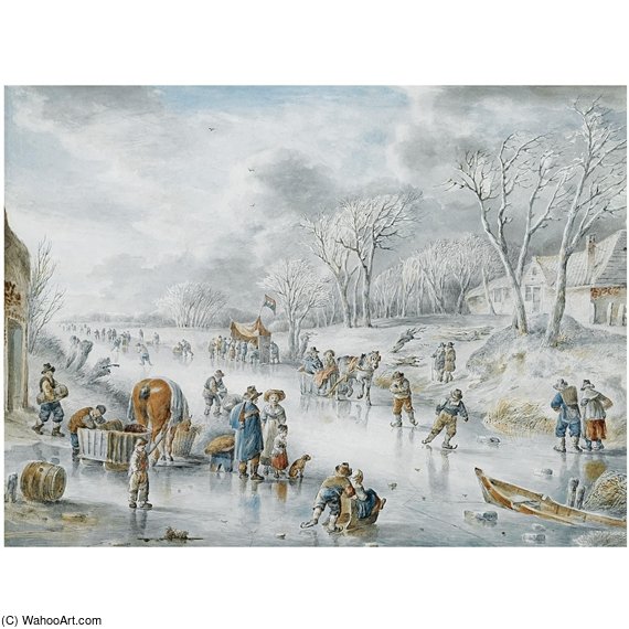 Many Figures On A Frozen Canal, A 'koek En Zopie' In The Distance — Andries Vermeulen