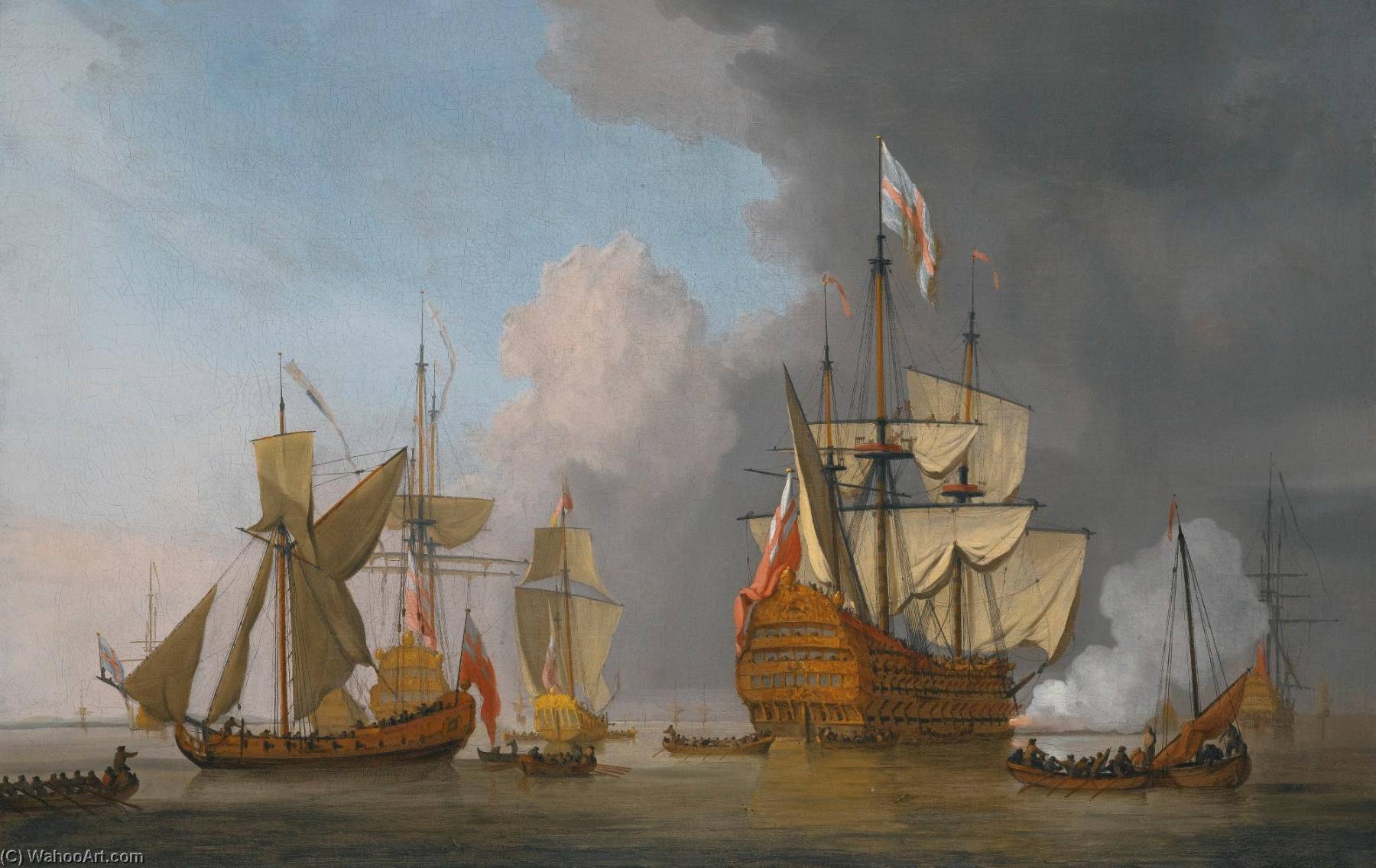The Royal Sovereign Firing A Single Cannon With A Royal Yacht In A Light Air, Longboats And Other Men Of War And Shipping On A Calm Sea With Land Beyond To The Left — Willem Van De Velde The Younger